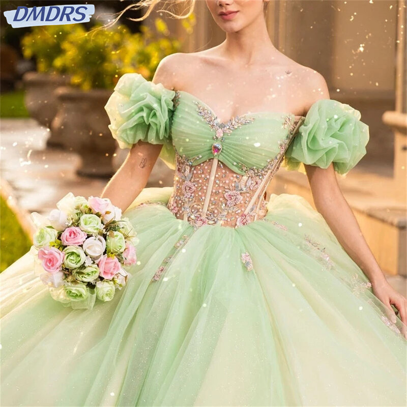Gaun pesta putri romantis gaun Quinceanera menawan klasik 3D bunga applique payet dengan jubah manis 16 gaun