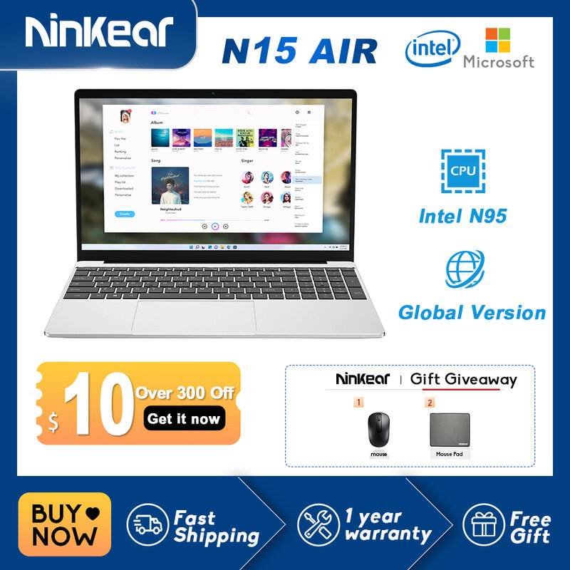 Ninkear N15แอร์แล็ปท็อป15,6 "IPS 1080P IPS Intel Celeron N95 3.4GHz 12GB RAM 512GB Office สำหรับเล่นเกม Windows 11