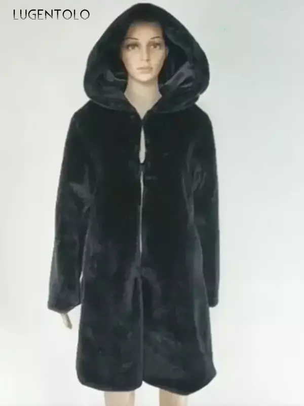 Lugentolo-Casaco com capuz de pele preta feminino, cardigã grosso quente, streetwear solto, tamanho grande, moda elegante, inverno