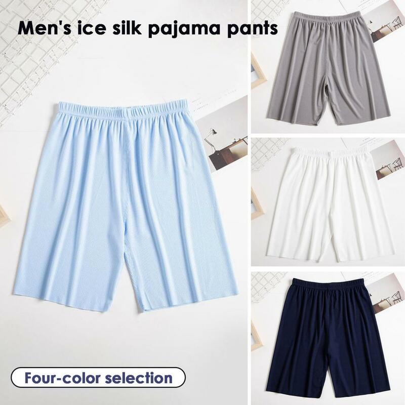Męskie spodenki do spania w średnim elastyczny pas spodenki piżamy oddychające szerokie nogawki lodowy jedwab piżamy szorty prążkowane wygodne szorty