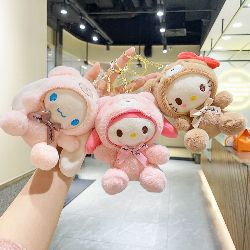 12cm Kawali Sanrio Hello Kitty Plush Keychain Toys My Melody Cinnamoroll Drag Bear Soft Stuffed Doll Pendant Girl Kids Xmas Gift