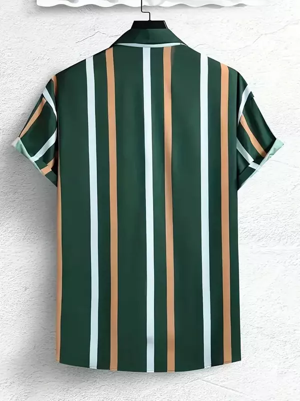 Men's Green Stripe Turndown Collar Short Sleeve Shirt, Trendy Comfy Shirt ForSummer Shirt Beach Camisas Men's Clothing Bussiness