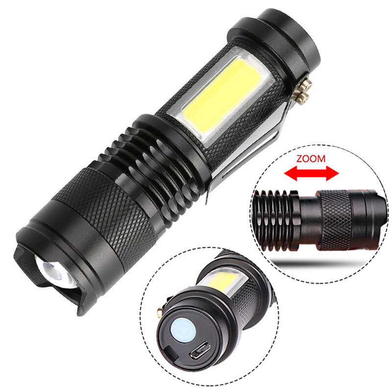 Được Xây Dựng Trong Pin Q5 Di Động Đèn Pin Led Mini Zoom Đèn Pin COB Đèn 2000 Lumens Điều Chỉnh Đèn Điện Chống Nước Ngoài Trời