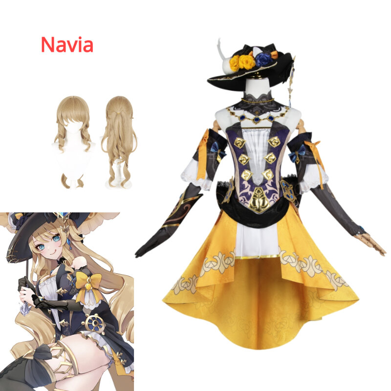 Genshin Impact Navia Cosplay Kostuum Pruik Muts Set Vrouwen Jurk Uniform Halloween Feest Voor Meisjes