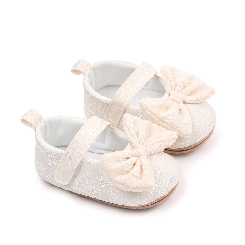 Brand Infant Girl Crib Shoes Pink Bow Newborn Footwear Toddler Soft Rubber Embroidery Flats for 1 Year Christian Gift Baby Items