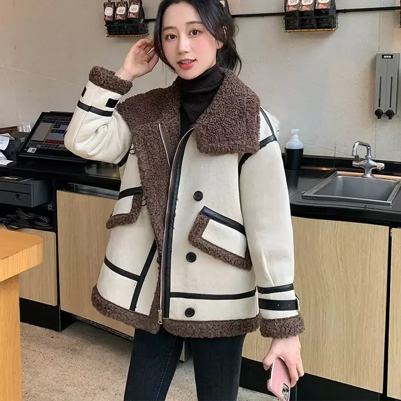 2024 New Loose-fitting Fake Fur Coats for Women with Square Collar Warm Winter Fashion Faux Leather Spliced Jackets Female N79