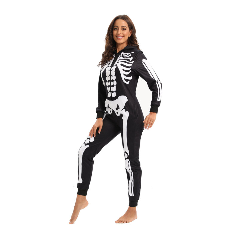 Onesies-monos de manga larga para mujer, ropa de dormir con capucha para adultos, pijamas con estampado de esqueleto negro para Halloween
