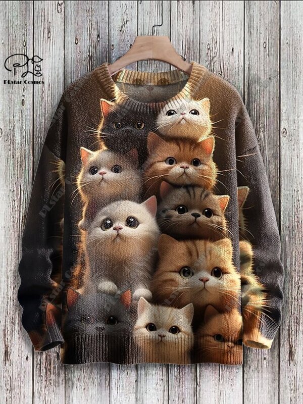 PLstar Cosmos-suéter con estampado 3D de animales para hombre y mujer, suéter con estampado divertido de gato, suéter feo informal de calle para invierno, M-11 unisex