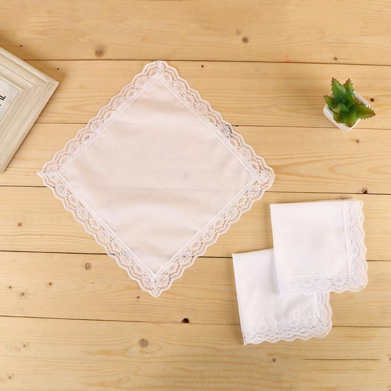 Pañuelos algodón con adorno encaje floral blanco liso para mujer 25x25cm para boda nupcial