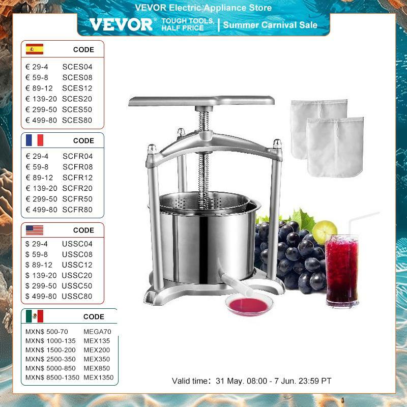VEVOR-Manual Fruit and Wine Press Maker, Aço Inoxidável, Doméstico, Natureza, Máquina De Fazer Suco De Legumes, Cozinha Em Casa, 1.6 Gal, 6L