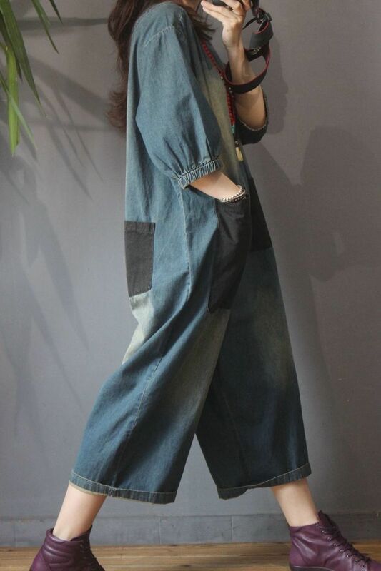 Женский джинсовый комбинезон с широкими штанинами, Свободный комбинезон в стиле ретро с высокой талией для осени и зимы