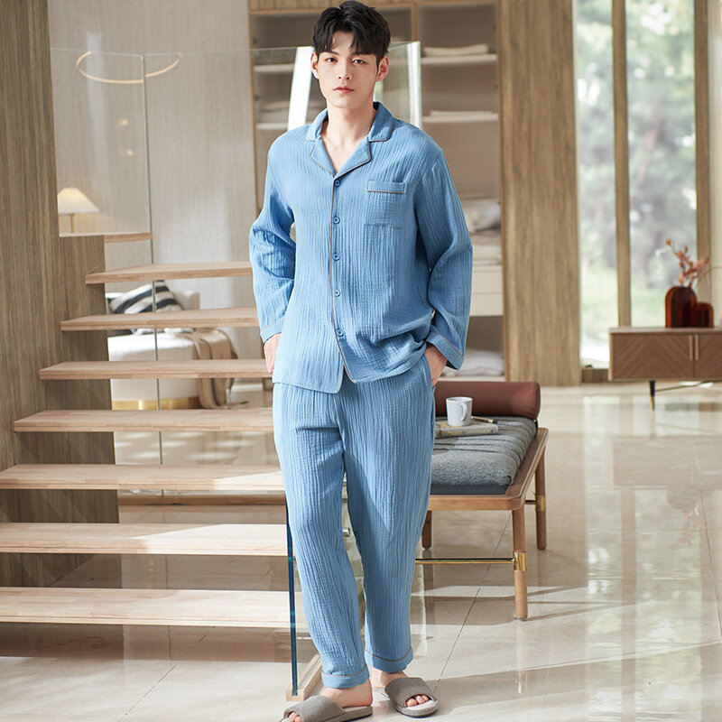 Autumn Pajama Set Male Full Cotton Sleepwear Home Clothing Long Sleeves Spring Cardigan Tops + Long Pants Leisure Pyjamas Suit