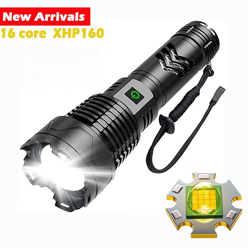 Linterna LED XHP160 recargable, luz potente de mano de aluminio tipo C, Zoom, táctica, 5000MAH, envío directo