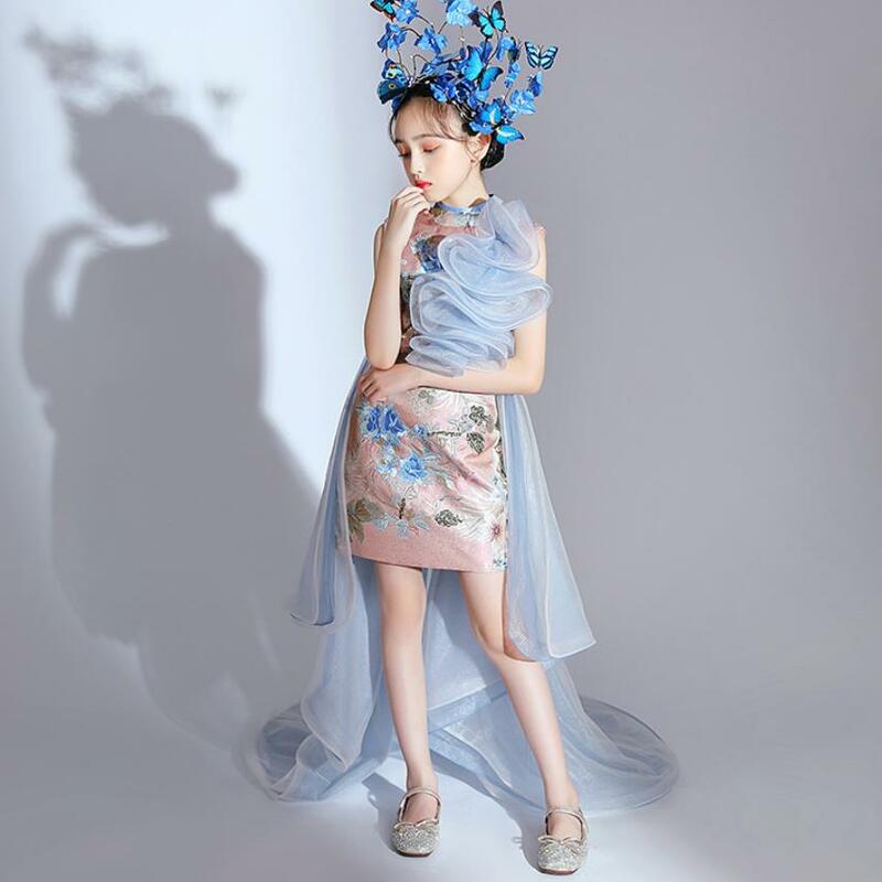 Girl Embroidery China Atyle Dress Fashion Evening Trailing Dress Children Model Show Clothes Kids Party Weeding Dress Wz1055