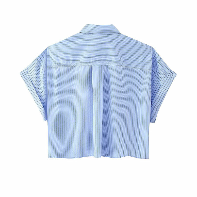 قميص TRAF-Poplin بياقة ملفوفة وأكمام قصيرة للسيدات ، قمة عتيقة ، بلوزات بلون واحد ، مخطط ، ملابس كورية
