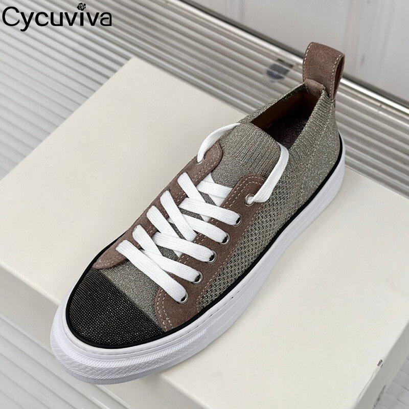 New Knitted Lace Up Sneakers Women Beaded Flat Platform Shoes Ladies Summer Casual Breathable Running Vacation Walk Shoes Women