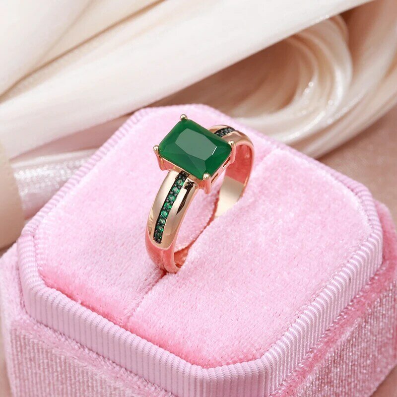 SYOUJYO สแควร์เข้มสีเขียวโอปอลธรรมชาติ Zircon แหวนผู้หญิง Vintage 585ทองคำสีกุหลาบสี Fine เครื่องประดับสีดำชุบหรูหราแหวน