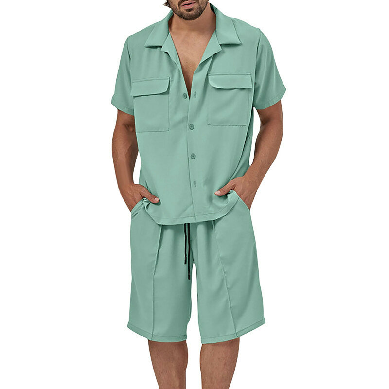 Рубашка и шорты мужские из хлопка и льна, повседневный однотонный комплект из двух предметов, сорочка с коротким рукавом и шорты, пляжная одежда для отдыха