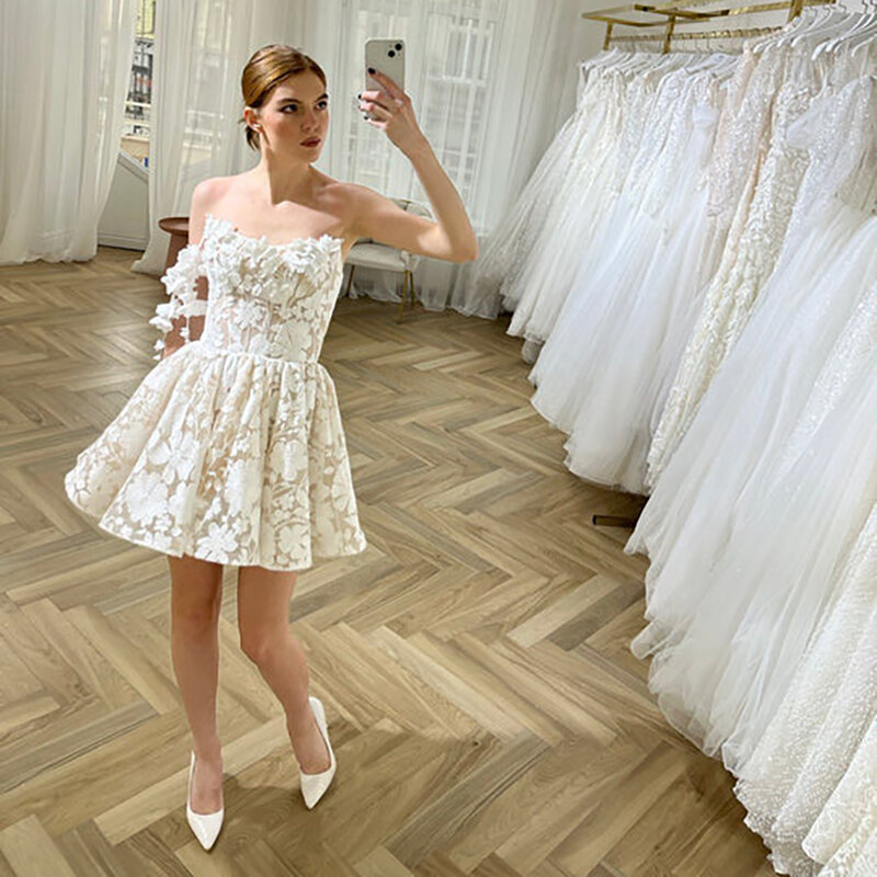 Minivestido de novia con tirantes finos, vestido de novia con escote Corazón, bordado, flores en 3D, elegante, atado, romántico