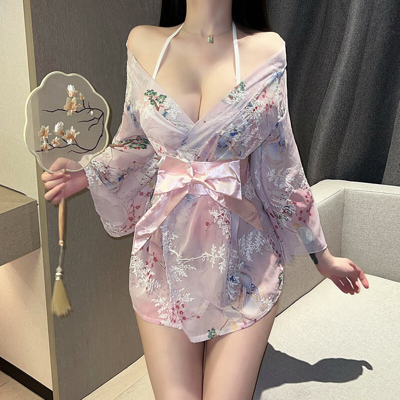 Bielizna erotyczna Kimono Yukata komplet mundur uwodzenie nadruk japońska kokardka seksowna japońska piżama nowość