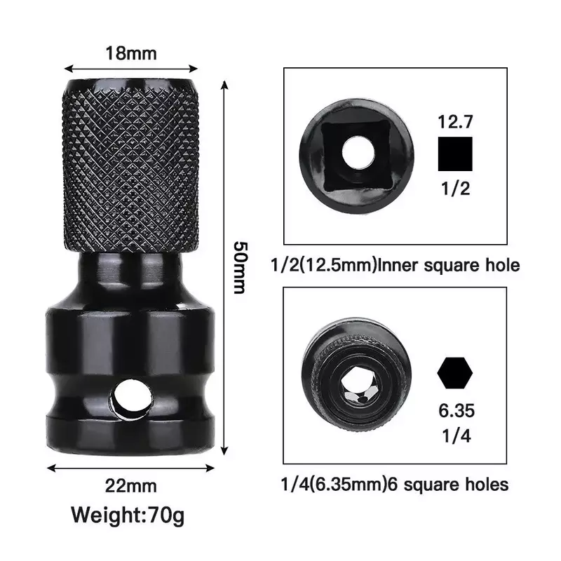 STONEGO – adaptateur de mandrin à douille hexagonale de 1/2 pouces à entraînement carré de 1/4 pouces pour Impact Air et clé électrique, 1 pièce