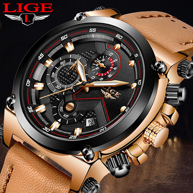 Lige-男性用防水レザーウォッチ,オリジナル腕時計,高級ブランド,クォーツ