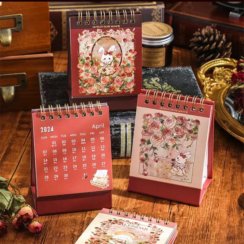 2024 Calendar Cute Cartoon Rose Flower Rabbit Mini Desk Calendar Kawaii Desk Accessories Decoration