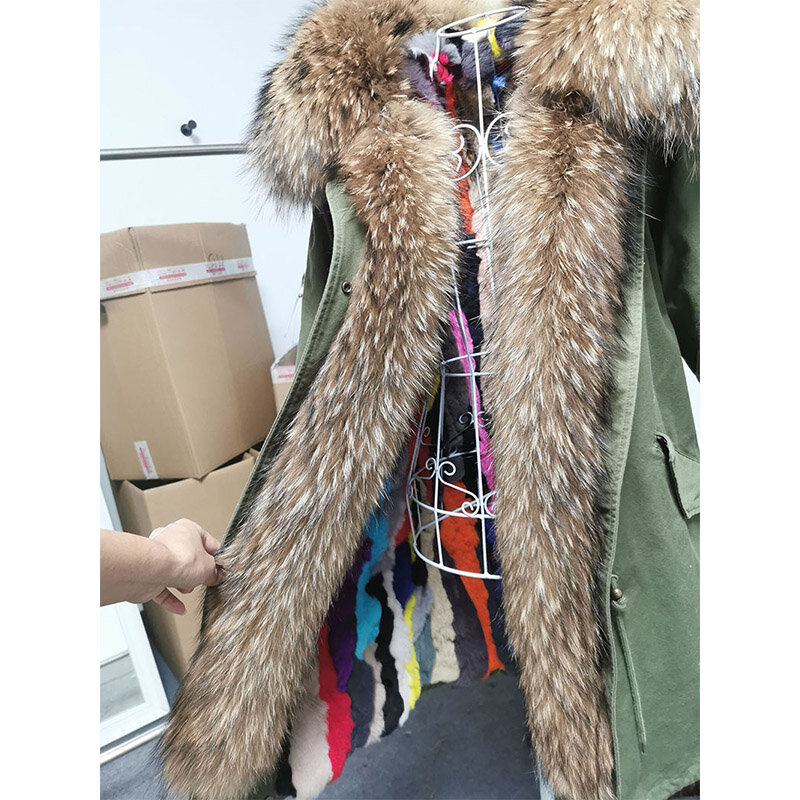 MAOMAOKONG 2023 зимняя женская куртка длинное пальто из натурального кроличьего меха с воротником из меха енота Толстая теплая уличная одежда парки с капюшоном