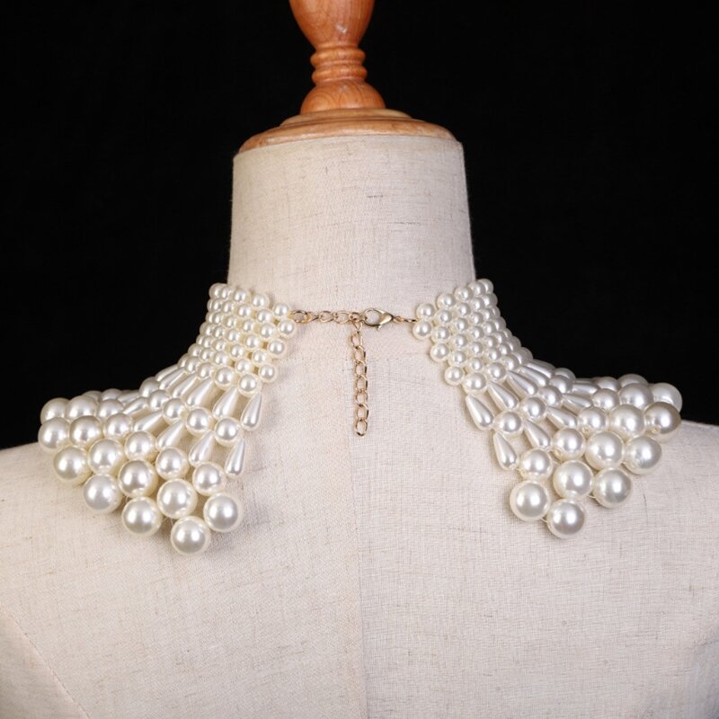 Wedding Dress Statement Necklace Fanshaped Pearl Beaded Bib Choker Collar Shawl
