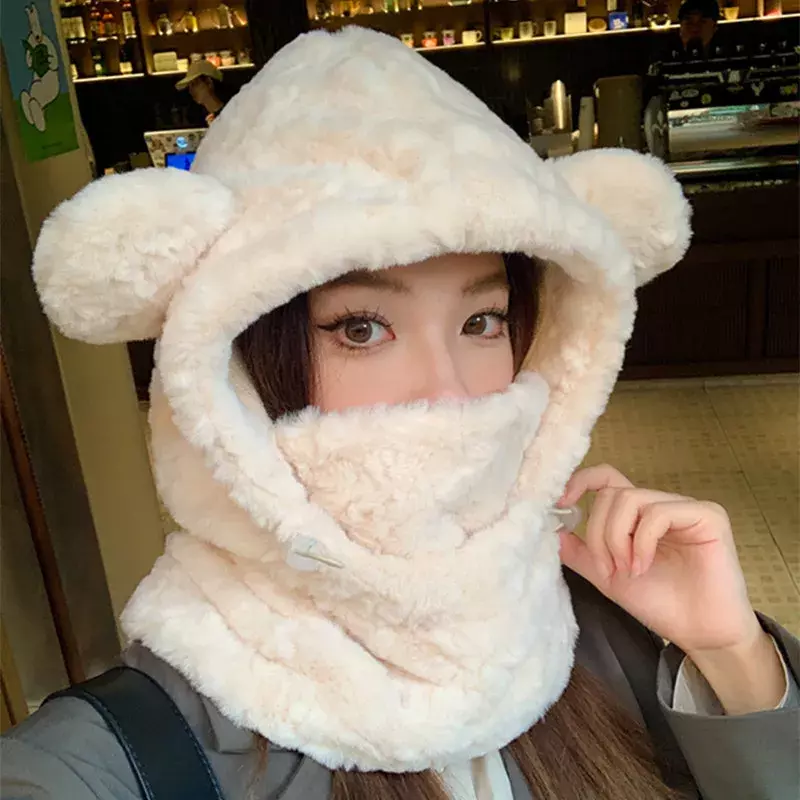 Women Winter Warm Hat Scarf Sets Plush Thickened All-in-one Kawaii Bear Ear Beanie Windproof Scarf Hooded Ear Protection Cap