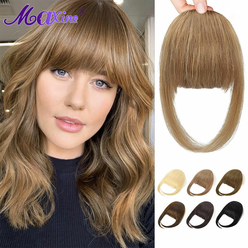 Maxine-Extension de cheveux humains à frange à clipser pour femme, postiche à frange naturelle, faux cheveux blonds bruns