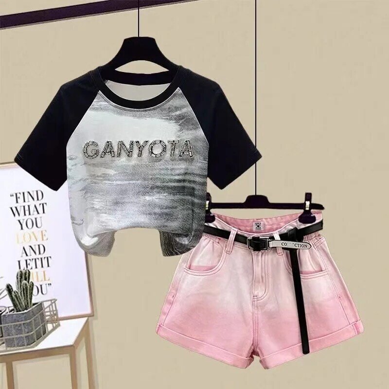 Girls Summer Set 2024 New Little Girls Summer Short sleeved T-shirt and ShortsMid size and large Children's Trendy Two-piece Set
