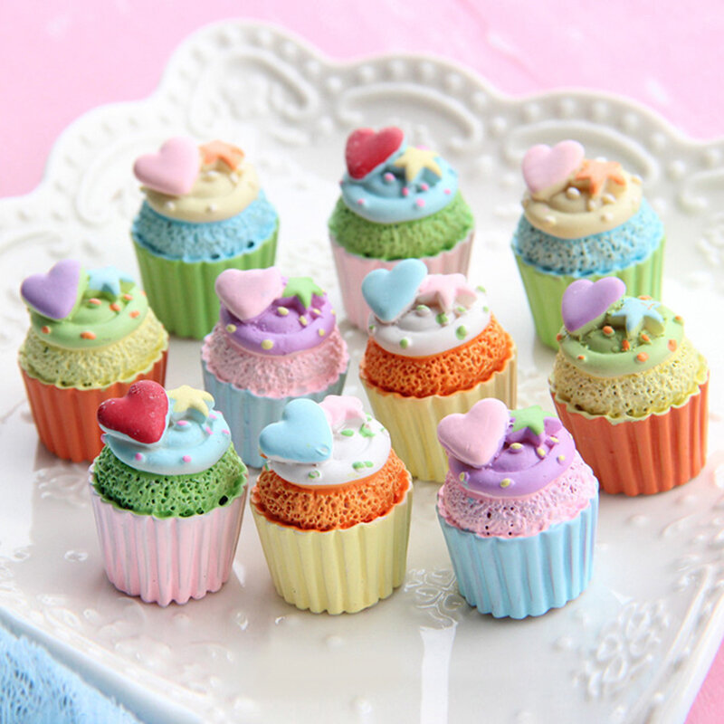 Artesanato Cupcake misto para acessórios de bricolage, mini, macaron colorido, comida realista, ornamentos de resina, 10pcs