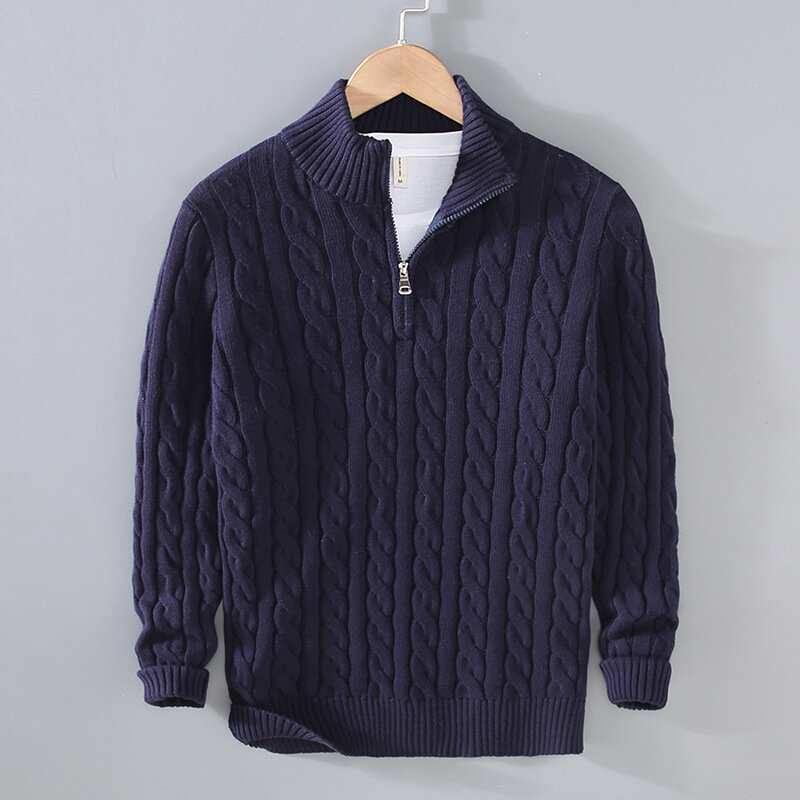 Suéter de malha com meia zíper masculino, pulôver monocromático 100% algodão grosso, roupa de rua alta, novo, outono, inverno