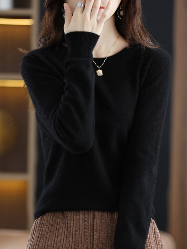 Aliselect-suéter de lana merina para mujer, jersey de cuello redondo de alta calidad, cálido, suave, básico, Tops sólidos, Primavera, otoño e invierno, 100%