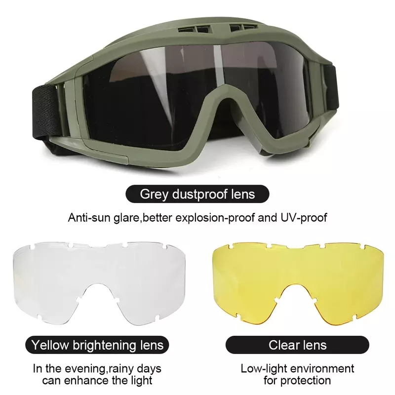 전술 고글 군사 사격 선글라스, 방풍 모래 제어 전쟁 게임 안경, 3 렌즈 교체 가능 육군 사격 안경