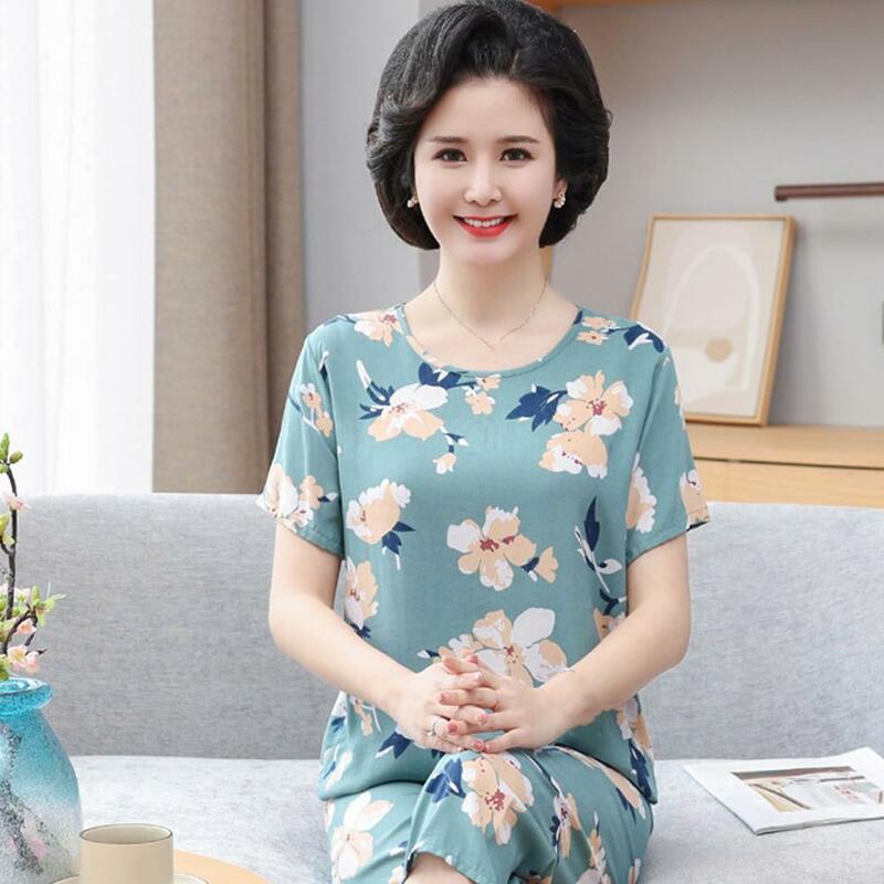 Conjunto de pijama de manga corta para mujer de mediana edad, Top elegante de manga corta con estampado de flores, pantalones de pierna ancha para madre