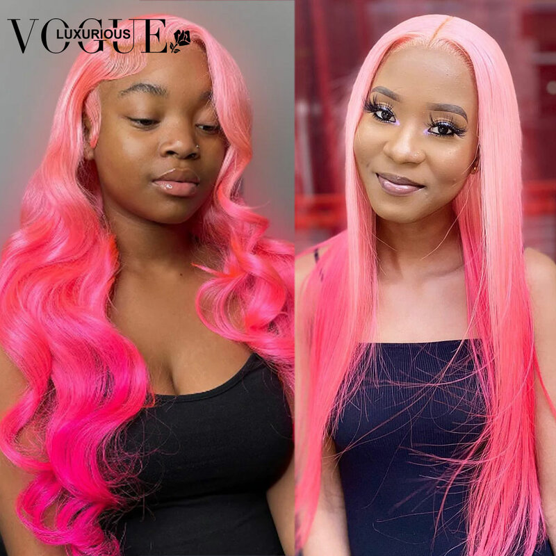 Pelucas frontales de encaje transparente liso prearrancado para mujeres negras, cabello Remy virgen brasileño, onda corporal, rosa oscuro, 13x4