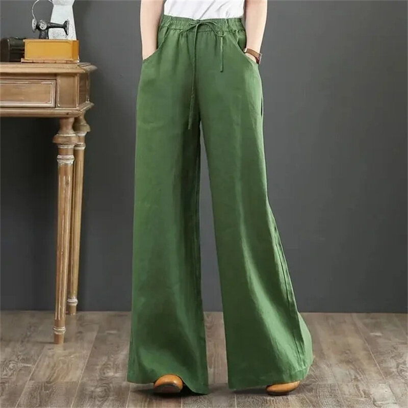 2024 spring summer Korean Female Cotton Linen Straight Leg Wide Leg Pants Women Solid Color Loose High Waisted Mop Pants Ladies