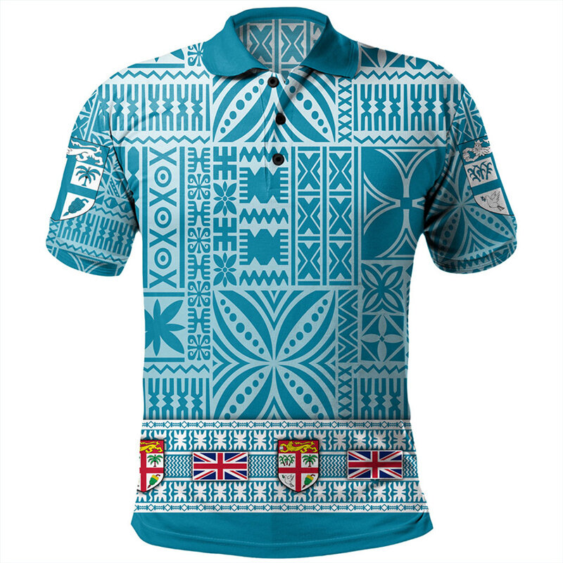 Fidschi-Flagge polynesische Tätowierung Grafik Polos hirt für Männer 3D-Druck kurze Ärmel Sommer lose Knopf T-Shirts Straße Revers T-Shirts