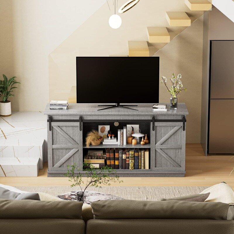 Farmhouse TV Stand and Entertainment Center for Televisions up to 65 Inchs, with Sliding Barn Doors and Storage Cabinets