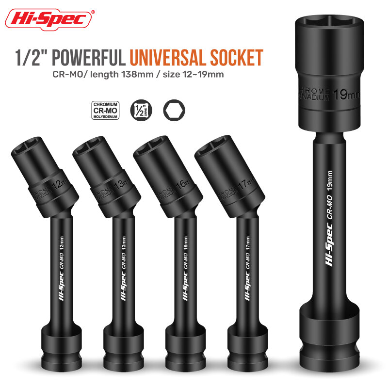 Hi-Spec Swivel Socket Set, Impacto Grade, Junta Universal, Cr-Mo Aço, 1/2 "Drive