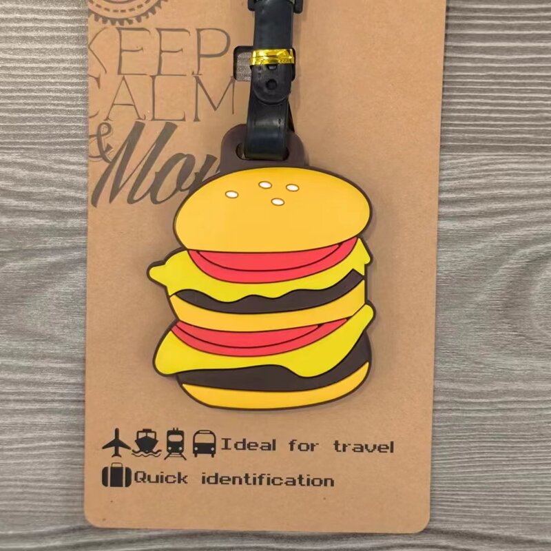 PVC Bagagem Tag com Hamburger Design, Desenhos animados bonitos, Acessórios de viagem, Presente criativo, Etiqueta de bagagem portátil, Anti-perda Bagagem Tag