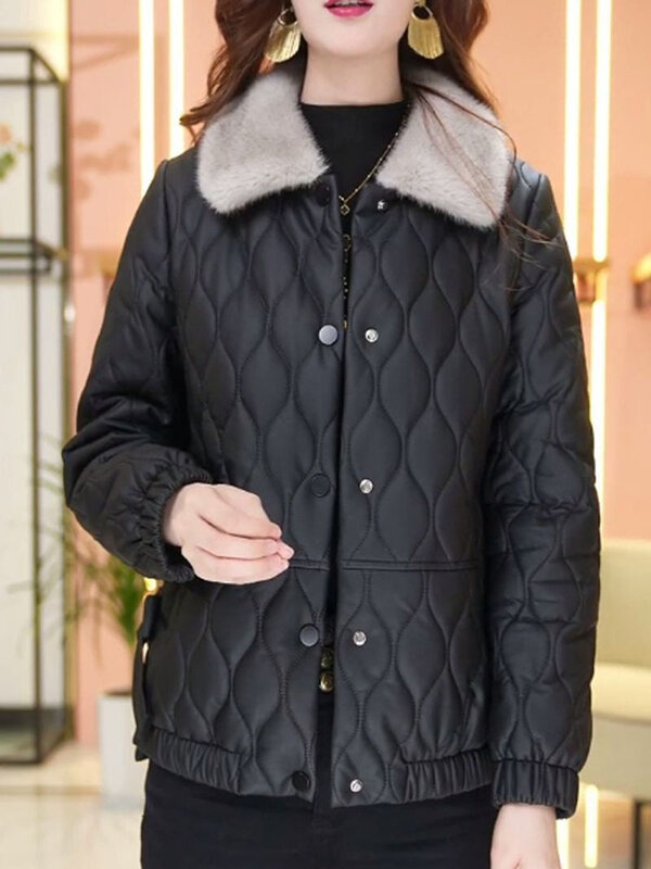 Jaket kulit katun berlapis wanita, jaket parka PU lembut tebal, jaket pendek ukuran besar 5xl musim gugur dan dingin 2024