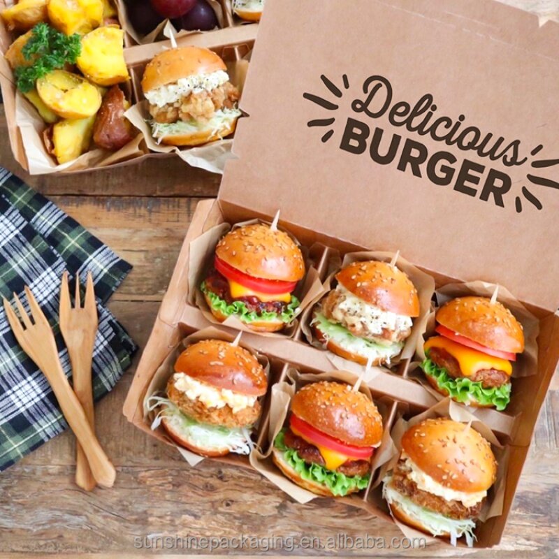 Emballage alimentaire en papier kraft à clapet personnalisé, produit personnalisé, qualité alimentaire, hamburger, hamburger, Hotdog jetable