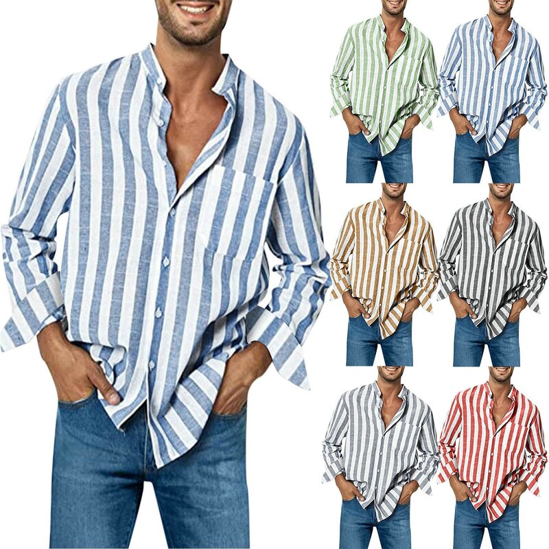 Camisa de manga larga de talla grande para hombre, camisa holgada de alta elasticidad con estampado a rayas, Top informal con hebilla de lino