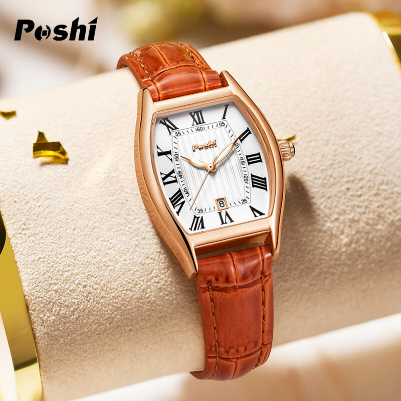 POSHI-relojes de lujo para mujer, correa de cuero de lujo, reloj de pulsera de cuarzo impermeable con fecha, regalo femenino