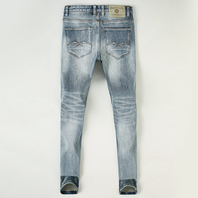 Pantalones vaqueros rasgados elásticos para Hombre, Jeans de diseñador de moda Retro, azul, ajuste Delgado, pantalones casuales Vintage