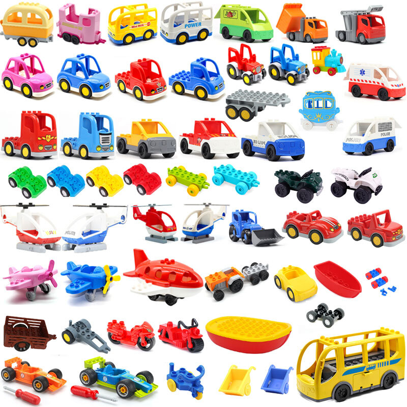 Крупные строительные блоки, модель автомобиля, Детские аксессуары для городского движения, собранный игрушечный автомобиль, шасси, лодка, мотоцикл, совместим с Duploe