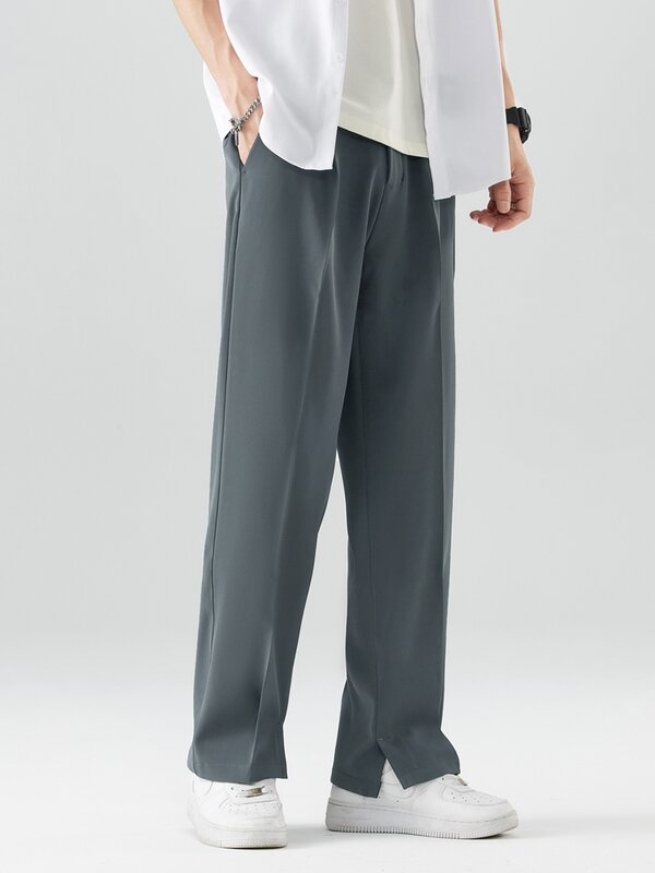 2023 новые летние повседневные брюки мужские дышащие Полиэстеровые корейские модные полуширокие широкие брюки прямые свободные брюки с драпировкой